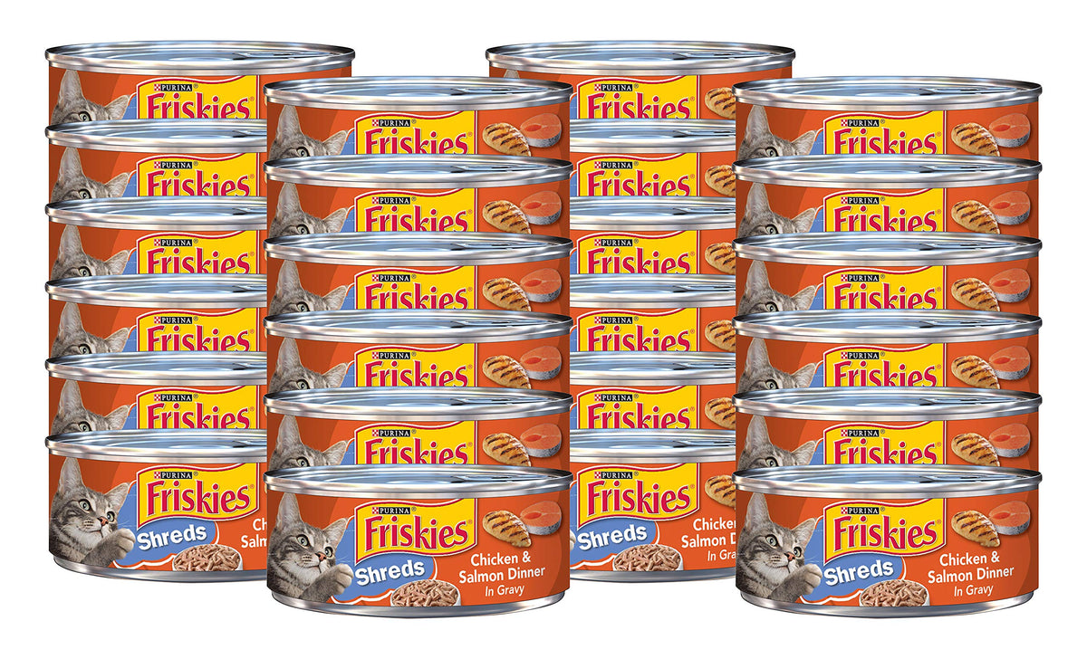 Friskies Purina Shreds Wet Cat Food, Real Chicken & Salmon Dinner in Gravy with Vitamins & Minerals, Wet Cat Food for Kittens & Adult Cats, 5.5 OZ Can (Pack of 24)