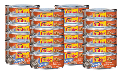 Friskies Purina Shreds Wet Cat Food, Real Chicken & Salmon Dinner in Gravy with Vitamins & Minerals, Wet Cat Food for Kittens & Adult Cats, 5.5 OZ Can (Pack of 24)