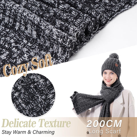 Bequemer Laden Womens Winter Warm Beanie Hat Touchscreen Gloves Long Scarf Set Ribbed Knit with Fleece Lined Pom Skull Caps Gifts for Women Black White