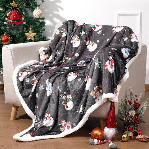 Christmas Throw Blanket Cozy Warm Sherpa Christmas Snowman Throw Blankets Fluffy Soft Flannel Plush Microfiber Blanket for Couch Sofa Bed Xmas Winter Holiday Decorative Blanket 50x60inch