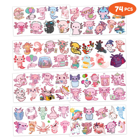Axolotl Temporary Tattoos Stickers - 8 Sheets 74pcs | Super Cute Party Favors for Kids | Ideal Birthday Party Decorations and Classroom Prizes Safe and Fun Fake Tattoos | Perfect Gifts for Boys Girls