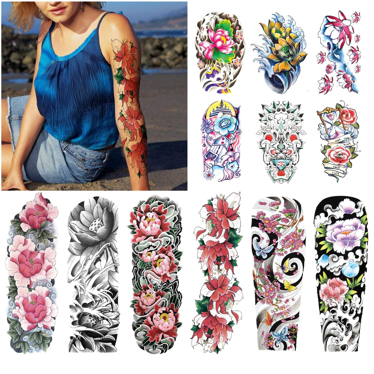Kotbs 12 Sheets Full Arm Temporary Tattoo, Sexy Temporary Tattoos for Men Women Girls Flowers, Waterproof Full Arm and Half Arm Sleeves Body Tattoo Stickers