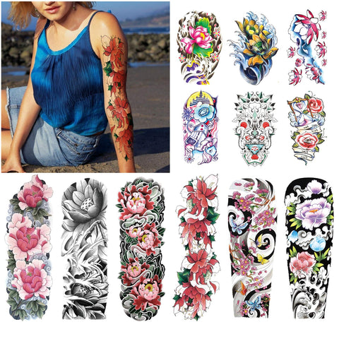Kotbs 12 Sheets Full Arm Temporary Tattoo, Sexy Temporary Tattoos for Men Women Girls Flowers, Waterproof Full Arm and Half Arm Sleeves Body Tattoo Stickers