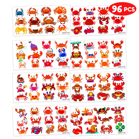 Crab Temporary Tattoos Themed Birthday Party Supplies Favors Decorations Ocean Beach Animal Cute 96PCS Tattoos Stickers Funny for Kids Girls Teens School Classroom Rewards Gifts Ideal Baby Shower