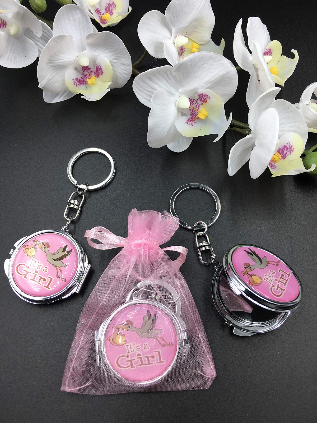 12 New Baby Shower Pink Girl Stork Design Party Favor Set With Organza Bag