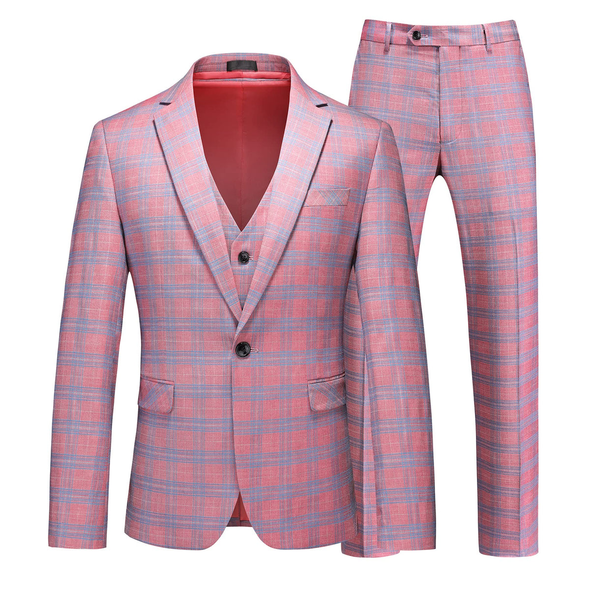 MOGU Mens 3 Piece Plaid Suit Slim Fit Tuxedo One Button Casual Suit for Prom Party Wedding Groom Blazer 30/ Pants 29 Pink