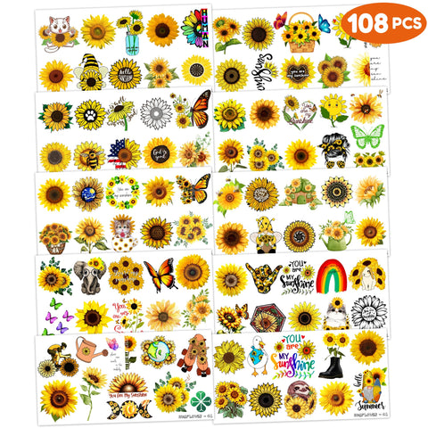 108PCS Sunflower Temporary Tattoos Sticker for Kids Birthday Party Supplies Decorations Party Favors Tattoo You are My Sunshine Tournesol Vibrant Themed Cute Kids Boys Girls Gifts Ideal Prizes Reward