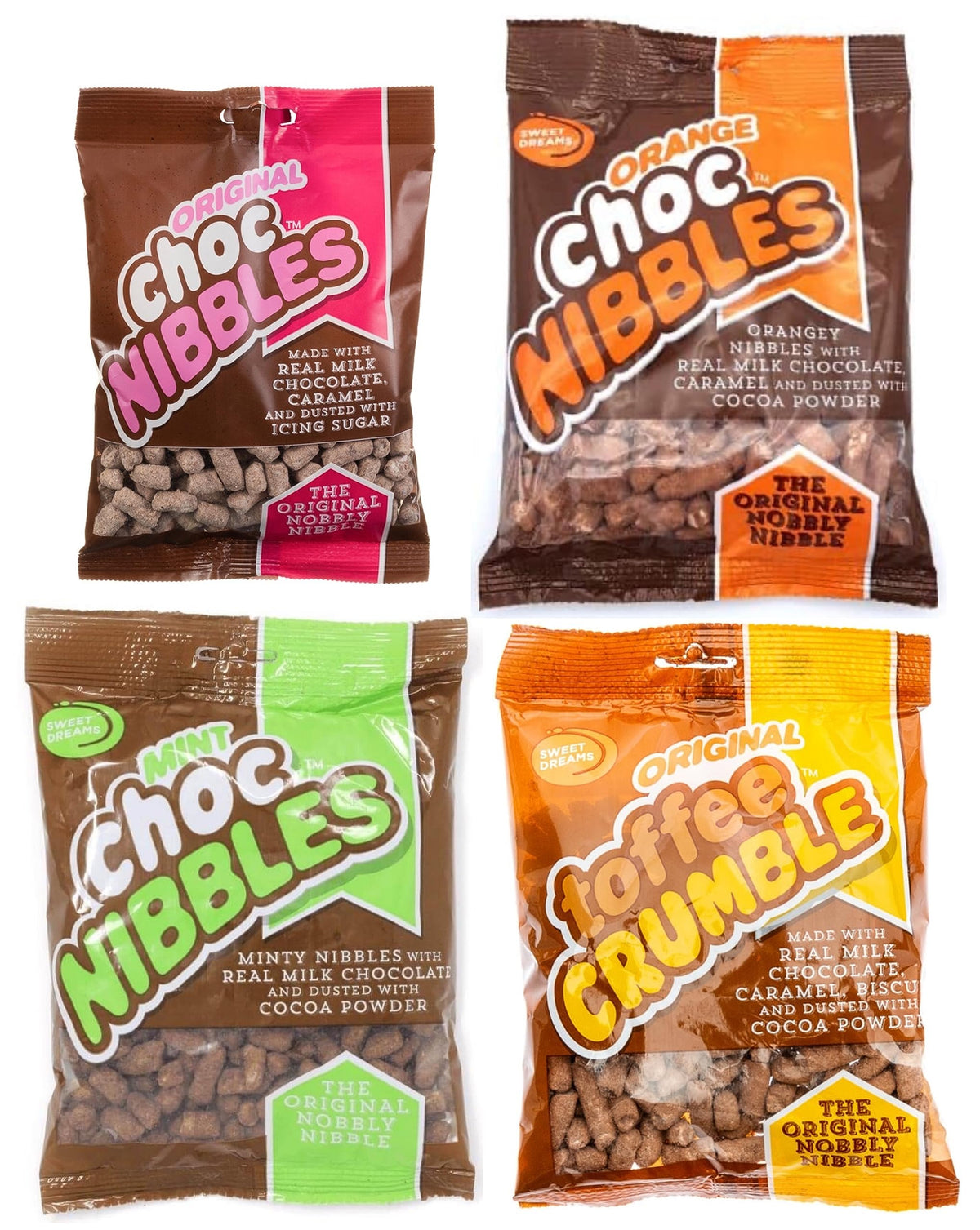 Sweet Dreams Choc Nibbles Selection Set Original, Mint, Orange & Toffee Crumble 4 x Bags Party, Picnic or Family Treats