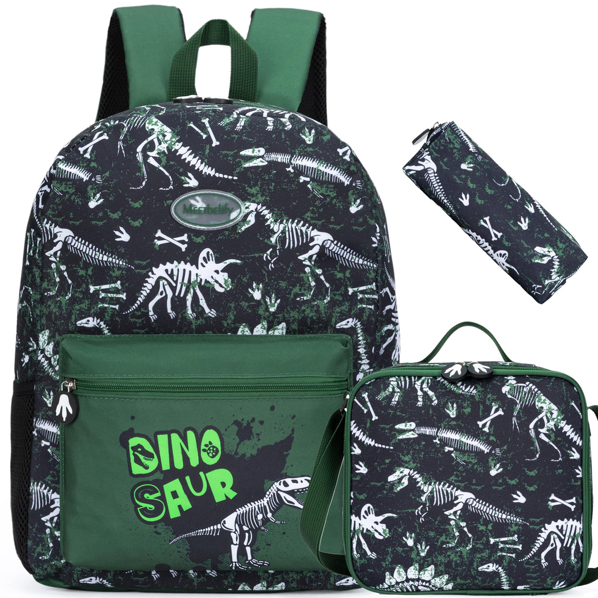 Meetbelify Dinosaur Backpack for Boys School Backpacks with Lunch Box Pencil Case Kids Canvas Travel Bag for Elementary Student