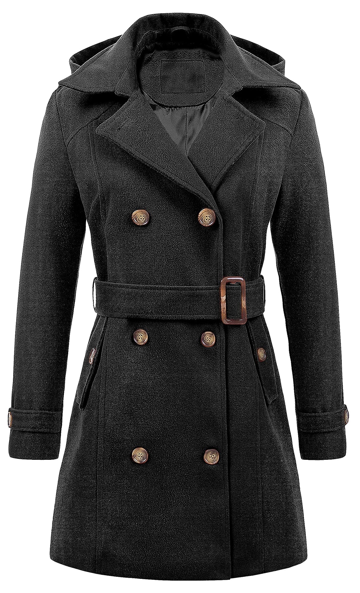 Chrisuno Women's Double Breasted Pea Coat Hooded Long Winter Trench Coat, Grey, Large