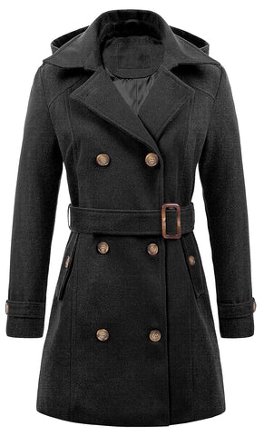 Chrisuno Women's Double Breasted Pea Coat Hooded Long Winter Trench Coat, Grey, Large