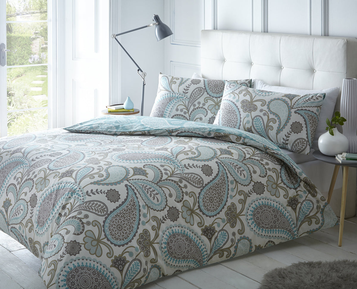 Sleepdown Paisley Teal Duvet Cover & Pillowcase Set Bedding Digital Print Quilt Case Single Double King Bedding Bedroom Daybed (Super King)