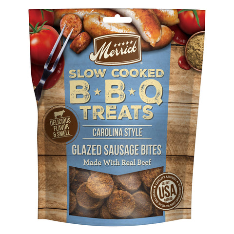 Merrick Chewy Dog Treats, Slow Cooked BBQ Beef Dog Treats, Carolina Style Glazed Sausage Bites, Beef Dog Chews - 10 oz. Pouch