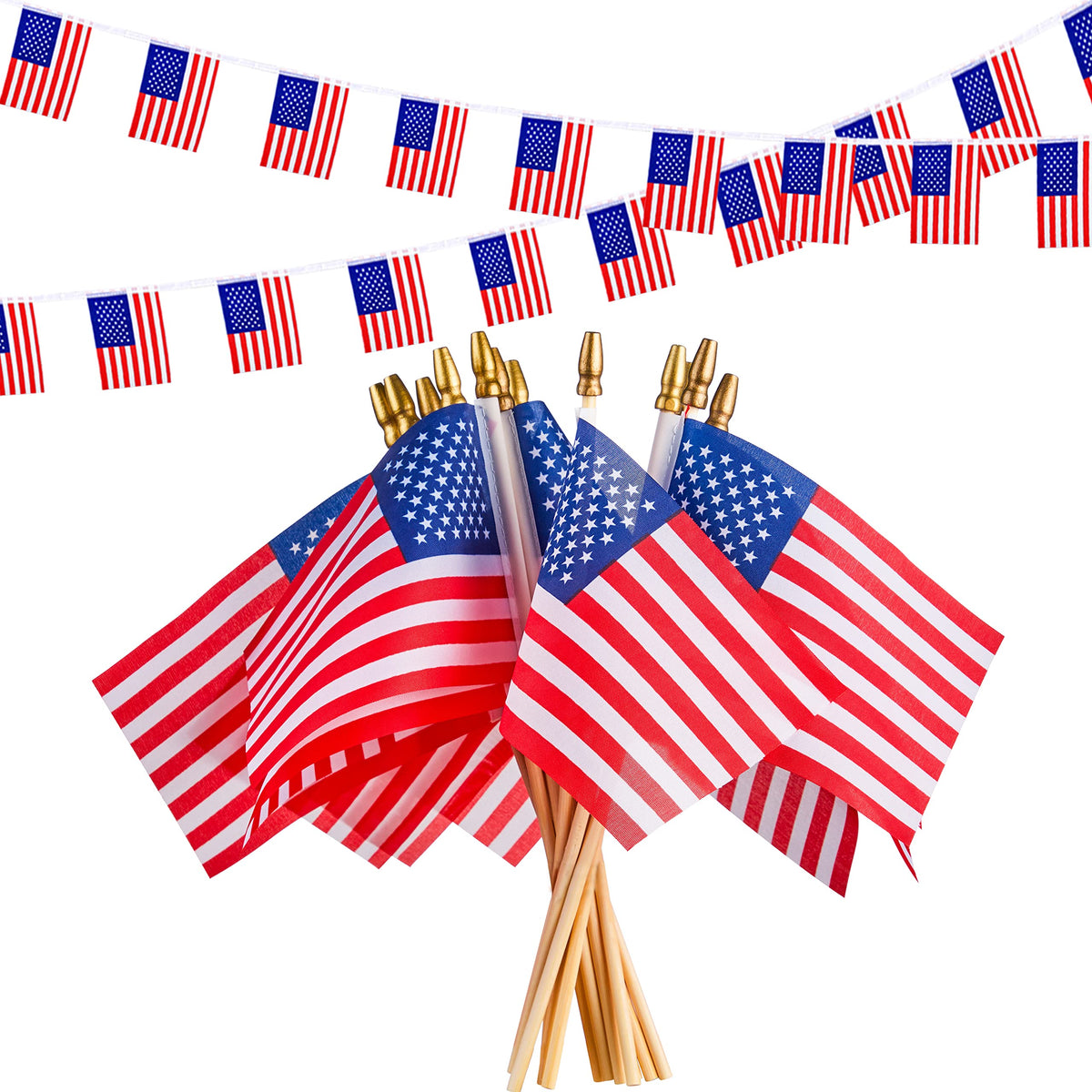 JOYIN 4th of July Decorations Set with 12 Small American Flags on Stick & 2 String Pennant American Flag Banners, Patriotic Party Supplies for Memorial Day Decorations, Independence Day, Veterans Day