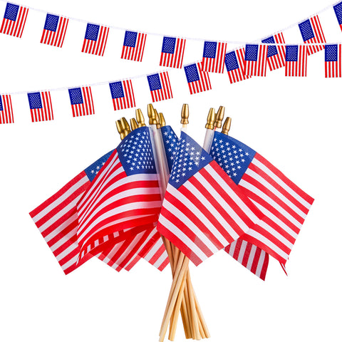 JOYIN 4th of July Decorations Set with 12 Small American Flags on Stick & 2 String Pennant American Flag Banners, Patriotic Party Supplies for Memorial Day Decorations, Independence Day, Veterans Day