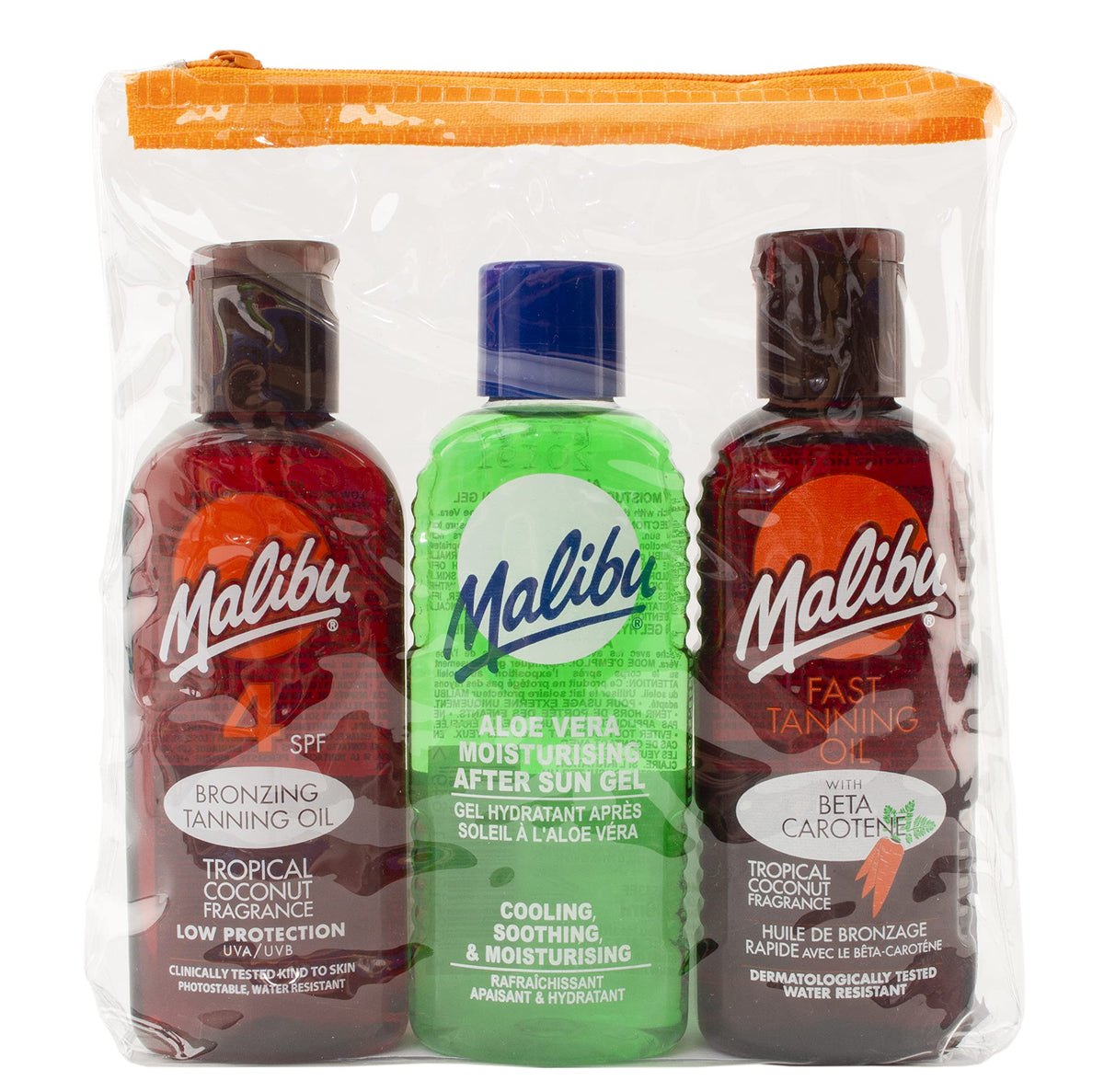 Malibu Sun Fast Tanning Travel Essentials, SPF 4 Bronzing and Beta Carotene Oil, Soothing Aloe Vera After Sun Gel, Water Resistant, Tropical Coconut Fragrance, Multipack, 3 x 100ml