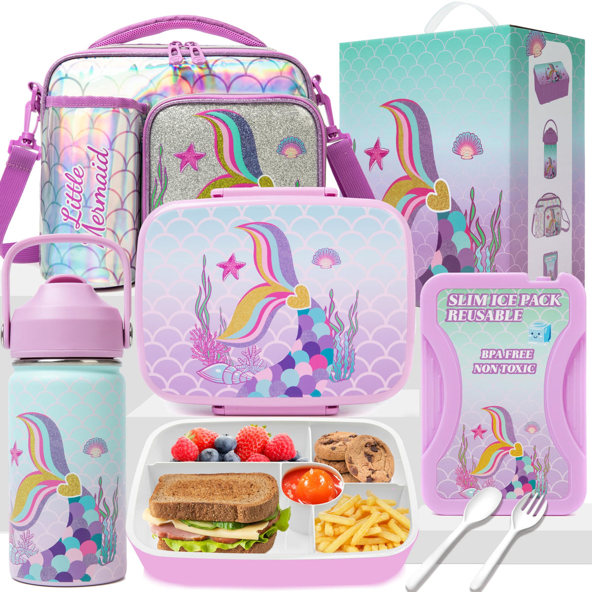 Oruiji Mermaid Bento Box for Kids Lunch Box for Girls Bento Lunch Box for Kids Lunch Box Set with 5 Compartments Stainless Steel Water Bottle, Lunch Bag, Ice Pack Set Back to School Supplies