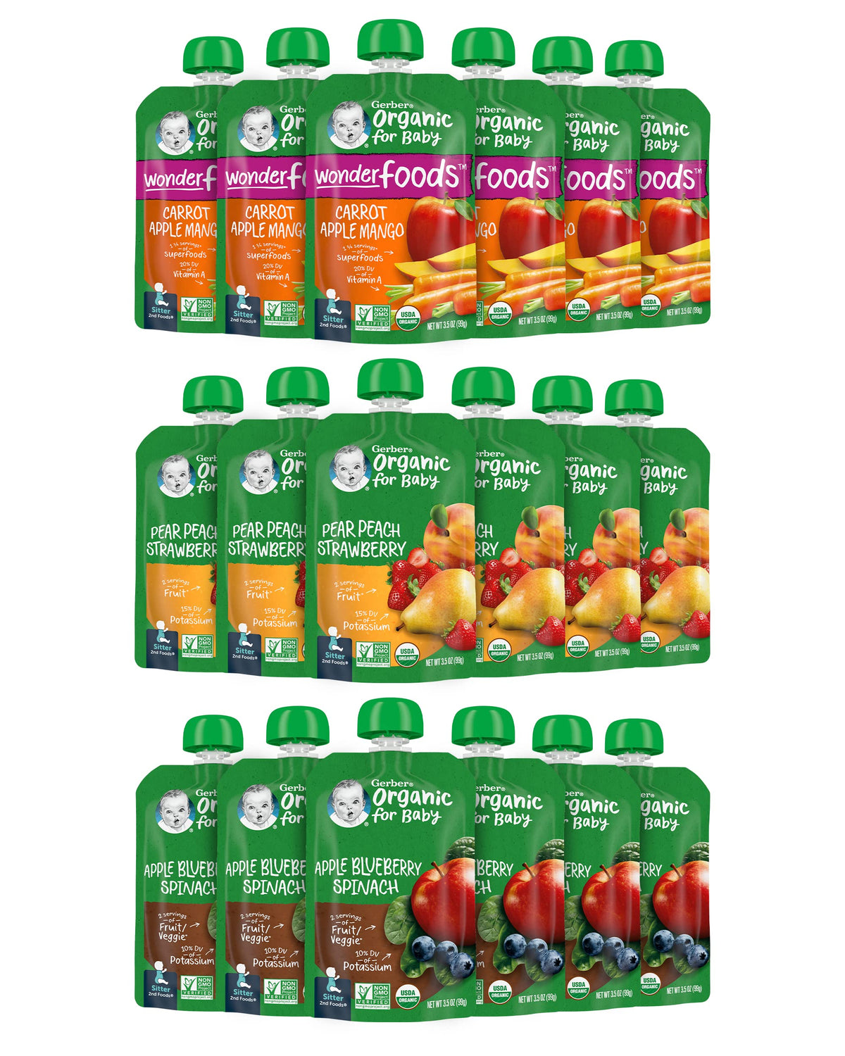 Gerber Organic Baby Food Pouches, 2nd Foods for Sitter, Fruit & Veggie Variety Pack, 3.5 Ounce (Set of 18)