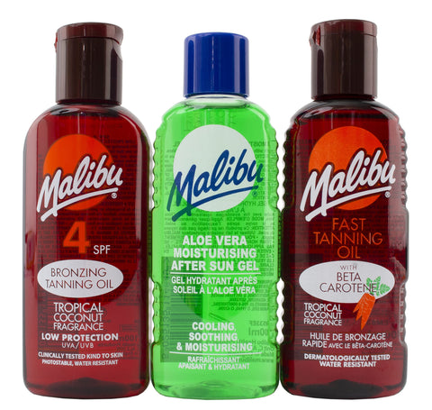 Malibu Sun Fast Tanning Travel Essentials, SPF 4 Bronzing and Beta Carotene Oil, Soothing Aloe Vera After Sun Gel, Water Resistant, Tropical Coconut Fragrance, Multipack, 3 x 100ml