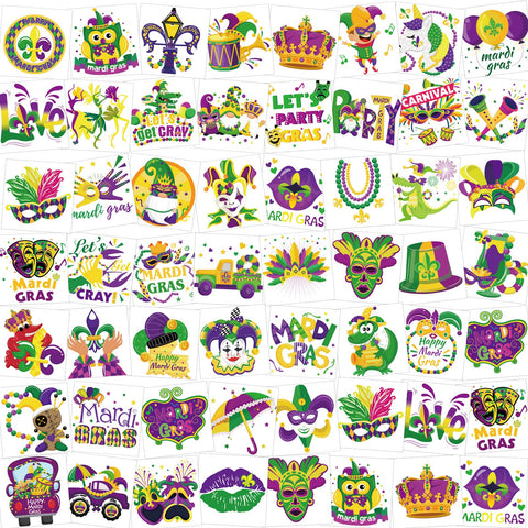 HOWAF 96 Pieces Mardi Gras Temporary Tattoos, 48 Styles New Orleans Party Temporary Tattoos Stickers for Kid, Mardi Gras Themed Fake Tattoos with Crown, Mask Design for Masquerade Party Decoration