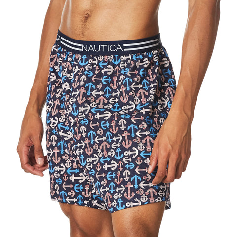 Nautica Men's Classic Cotton Loose Knit Boxer, Nautical Anchor/Peacoat, Small
