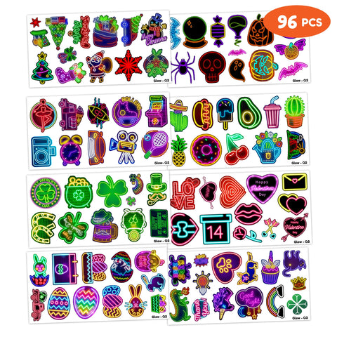 96 PCS Cool Glow Neon Light Temporary Tattoos Themed Birthday Party Favors Decorations Supplies Cute BlackLight Tattoo Stickers Gifts For Kids Boys Girls Prizes Carnival Christmas Holiday Halloween