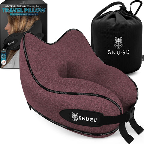 SNUGL Travel Pillow - Memory Foam Neck Cushion - Flight Pillow | Support Neck Pillow for Travel | Travel Neck Pillow for Airplane with Carry Bag & Clip | Flying Travel Essentials (Light Red - Regular)