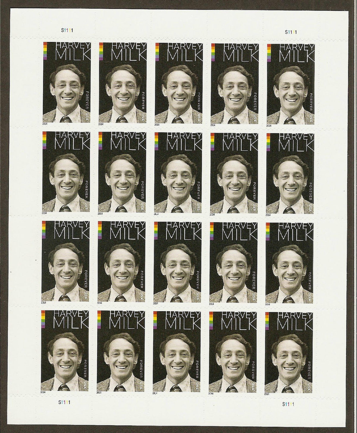 USPS Harvey Milk Full Pane of 20 Forever Stamps Scott 4906