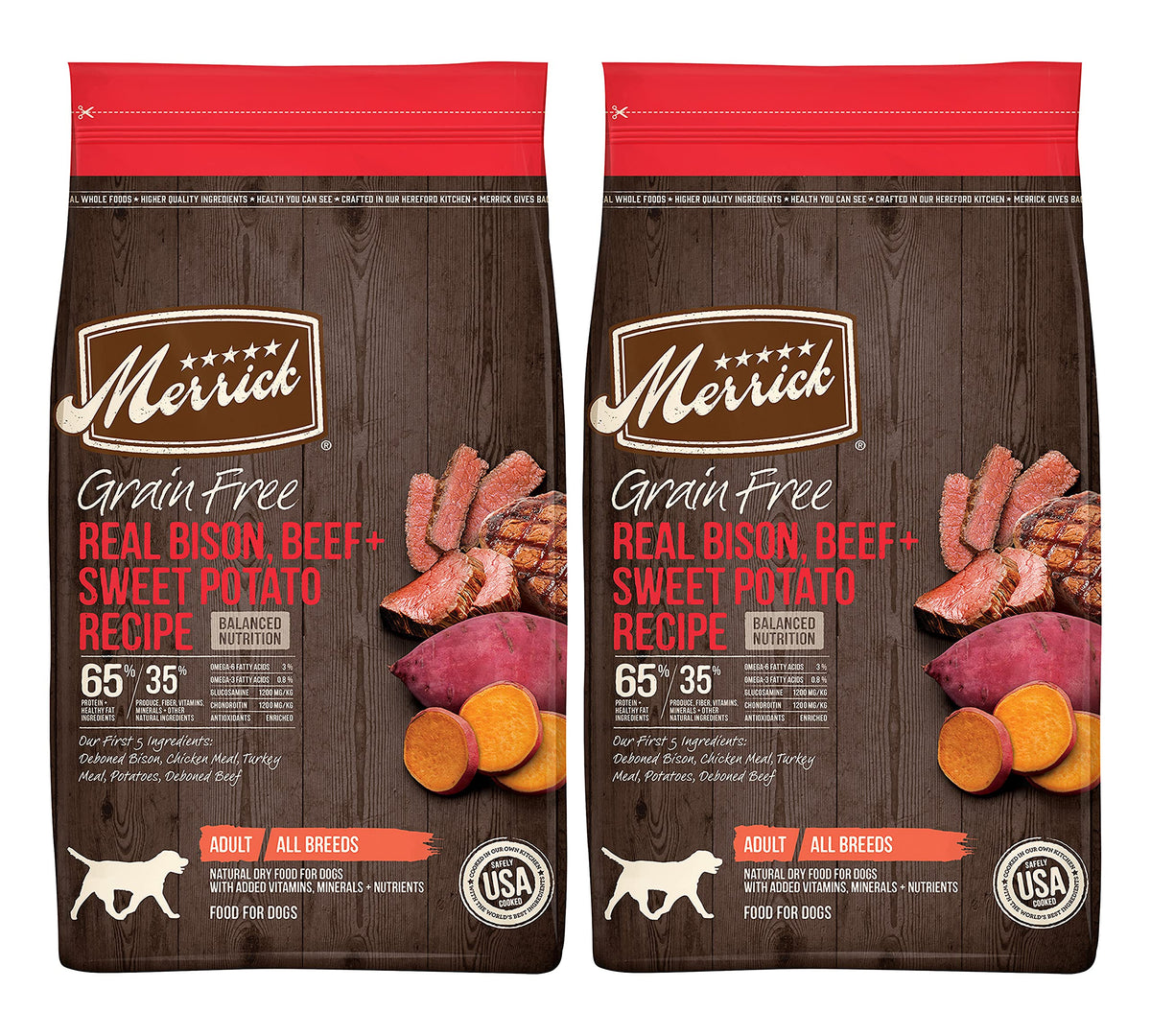 Merrick Grain Free Dry Dog Food, Real Bison, Beef & Sweet Potato Recipe, Balanced Nutrition Dog Food for Adult Dogs of All Breeds, 4 LB Bag (Pack of 2)