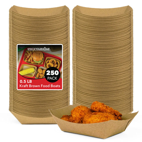 [250 Pack] Small Disposable Brown Kraft Paper Food Trays, 0.5-Lb Concession Tray, Serving Boats for Party Snacks, Taco Bar, Seafood, Nachos Plates, Half-Pound