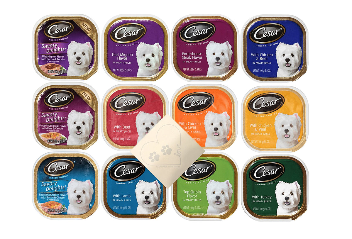Cesar Canine Cuisine Huge Variety Pack - 12 Total Flavors: Filet Mignon, Porterhouse Steak, Beef, Chicken & Beef, Lamb, Turkey, Filet Mignon, and More - Plus Pet Paws Notepad - (12 Cans Total)