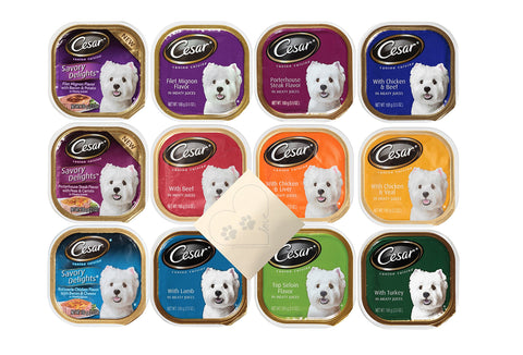 Cesar Canine Cuisine Huge Variety Pack - 12 Total Flavors: Filet Mignon, Porterhouse Steak, Beef, Chicken & Beef, Lamb, Turkey, Filet Mignon, and More - Plus Pet Paws Notepad - (12 Cans Total)