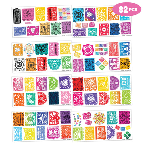 82 PCS Mexican Tattoos Temporary Theme Fiesta Birthday Party Decorations Supplies Favors Cinco De Mayo Papel Picado Tattoos Stickers for Kids Prizes Rewards