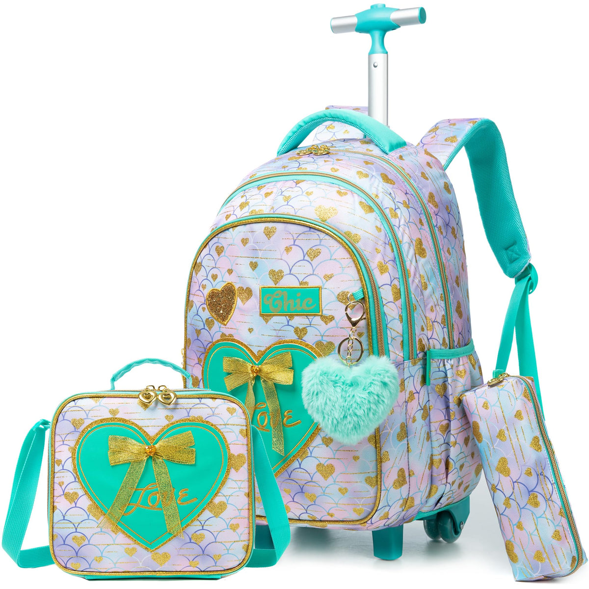 Oruiji Rolling Backpack for Girls Backpack with Wheels Cute Wheeled School Backpack for Girls with Lunch Box Set Kids Suitcase for Girls Elementary Primary School 8-12 Back to School Supplies