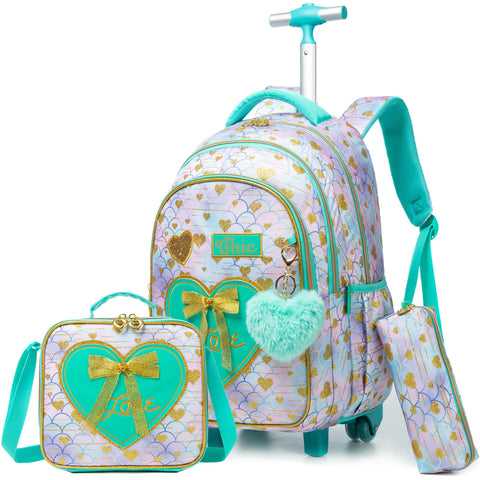 Oruiji Rolling Backpack for Girls Backpack with Wheels Cute Wheeled School Backpack for Girls with Lunch Box Set Kids Suitcase for Girls Elementary Primary School 8-12 Back to School Supplies