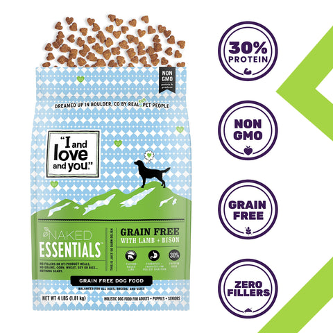 "I and love and you" Trial Size Naked Essentials Lamb & Bison, Grain Free Dry Dog Food, 4 LB