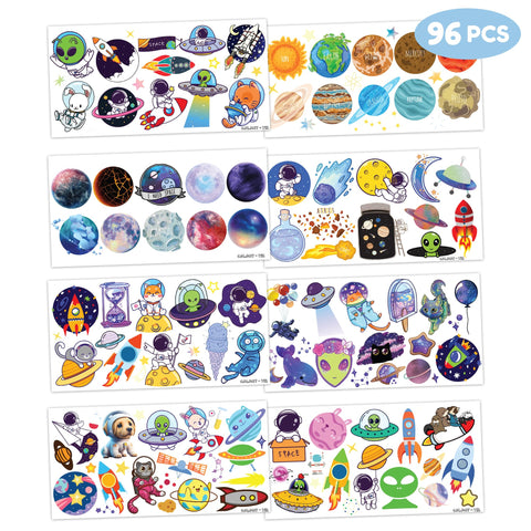 Galaxy Temporary Tattoos Sticker for Kids | 96PCS Space Themed Birthday Party Supplies Decorations Party Favors Tattoo Alien Rocket Star Astronaut Cute Kids Boy Girls Gifts Ideal School Prizes