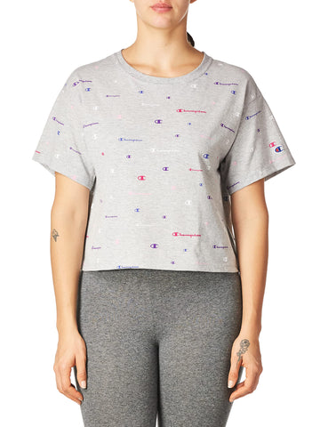 Champion Women's The Cropped Tee, Multi Scattered Logos Oxford Gray Heather, Large