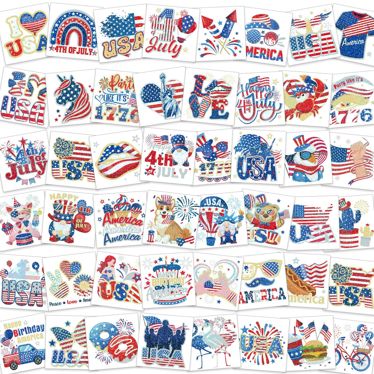 HOWAF 4th/Fourth of July Temporary Tattoos 96 Individually Sheets Giltter American USA Flag Tattoos Stickers Giltter gold and silver Independence Day Tattoos for Patriotic Independence Day