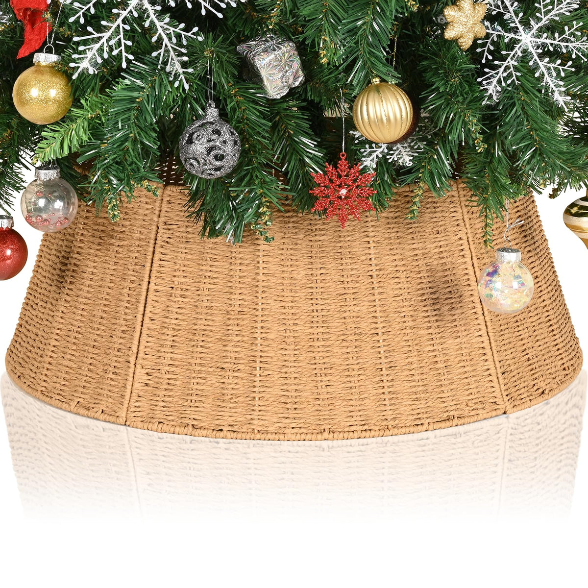 Waipfaru 27in Hand-Woven Wicker Christmas Tree Collar Base Cover, Natural Rustic Farmhouse Christmas Tree Skirt for Artificial Trees Decor