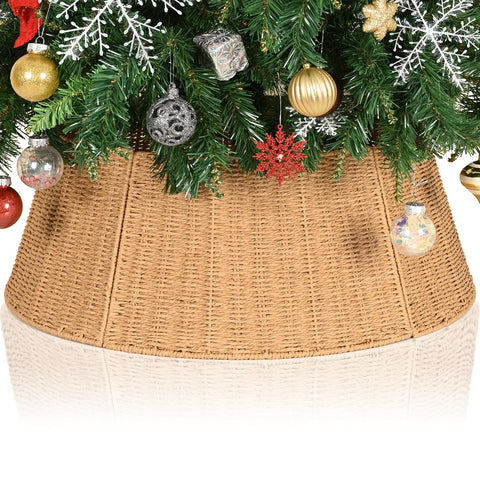 Waipfaru 27in Hand-Woven Wicker Christmas Tree Collar Base Cover, Natural Rustic Farmhouse Christmas Tree Skirt for Artificial Trees Decor