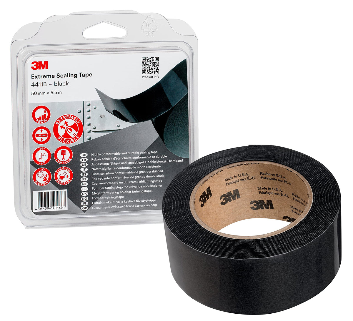 3M Extreme Sealing Tape 4411B - sticks on contact to many metals and plastics without drying time, dripping, oozing, or mess - 50 mm x 5.5 m, black, thickness 1.0 mm (1 Blister Pack)