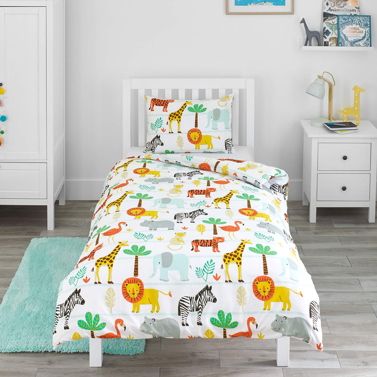 Bloomsbury Mill - Kids Single Duvet Cover Set - Childrens Single Bedding for Boys and Girls - Safari Adventure - Jungle Animals Single Bed Duvet Cover Set with Pillow Case - 135x200cm