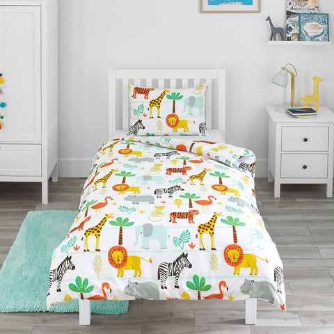 Bloomsbury Mill - Kids Single Duvet Cover Set - Childrens Single Bedding for Boys and Girls - Safari Adventure - Jungle Animals Single Bed Duvet Cover Set with Pillow Case - 135x200cm