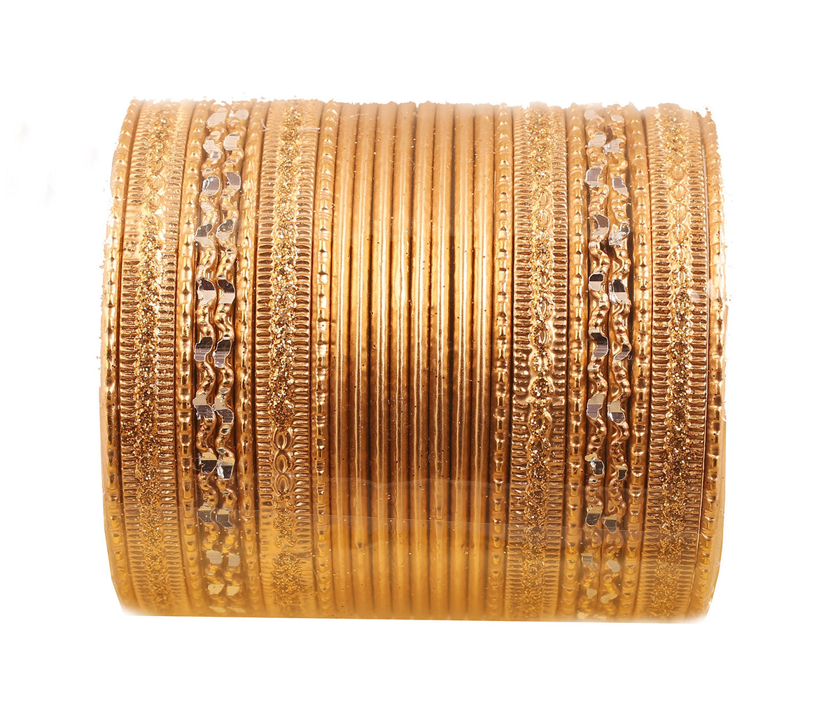 Touchstone "Colorful 2 Dozen Bangle Collection" Indian Bollywood Alloy Metal Textured Golden Designer Jewelry Special Large Size Bangle Bracelets. Set Of 24. In Antique Gold Tone For Women.