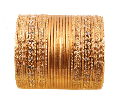 Touchstone "Colorful 2 Dozen Bangle Collection" Indian Bollywood Alloy Metal Textured Golden Designer Jewelry Special Large Size Bangle Bracelets. Set Of 24. In Antique Gold Tone For Women.