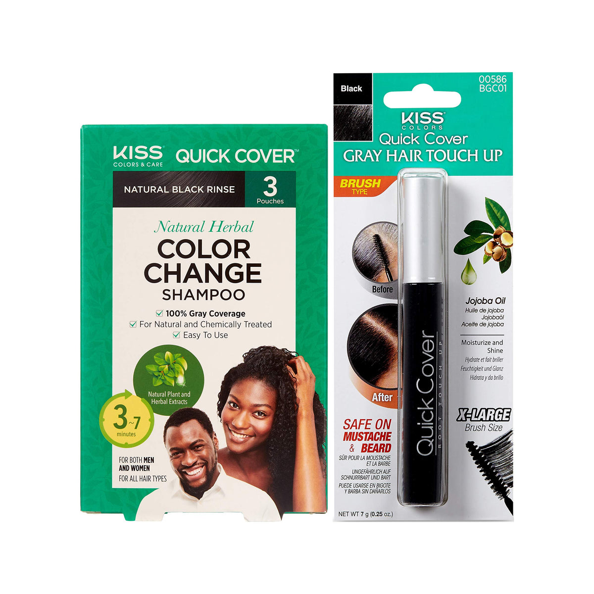 KISS Quick Cover Natural Herbal Color Change Shampoo 3 Pouches (2 PACK, #Shampoo&Mascara (Natural Black))