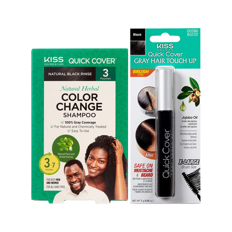 KISS Quick Cover Natural Herbal Color Change Shampoo 3 Pouches (2 PACK, #Shampoo&Mascara (Natural Black))