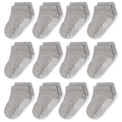 CozyWay 12 Pack Non-Slip Ankle Grip Low Cut Toddler Socks for Boys and Girls with Round Dotted Grippers, Unisex, Gray, 3-5 Years Old