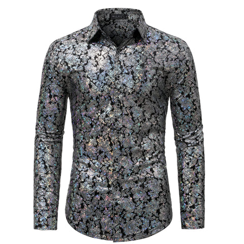WULFUL Men's Luxury Disco Party Prom Paisley Gold Shiny Long Sleeve Dress Shirts Button Down Shirts